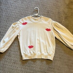 Clare V from Anthropologie Drop Shoulder Cream Sweatshirt with Red Lips